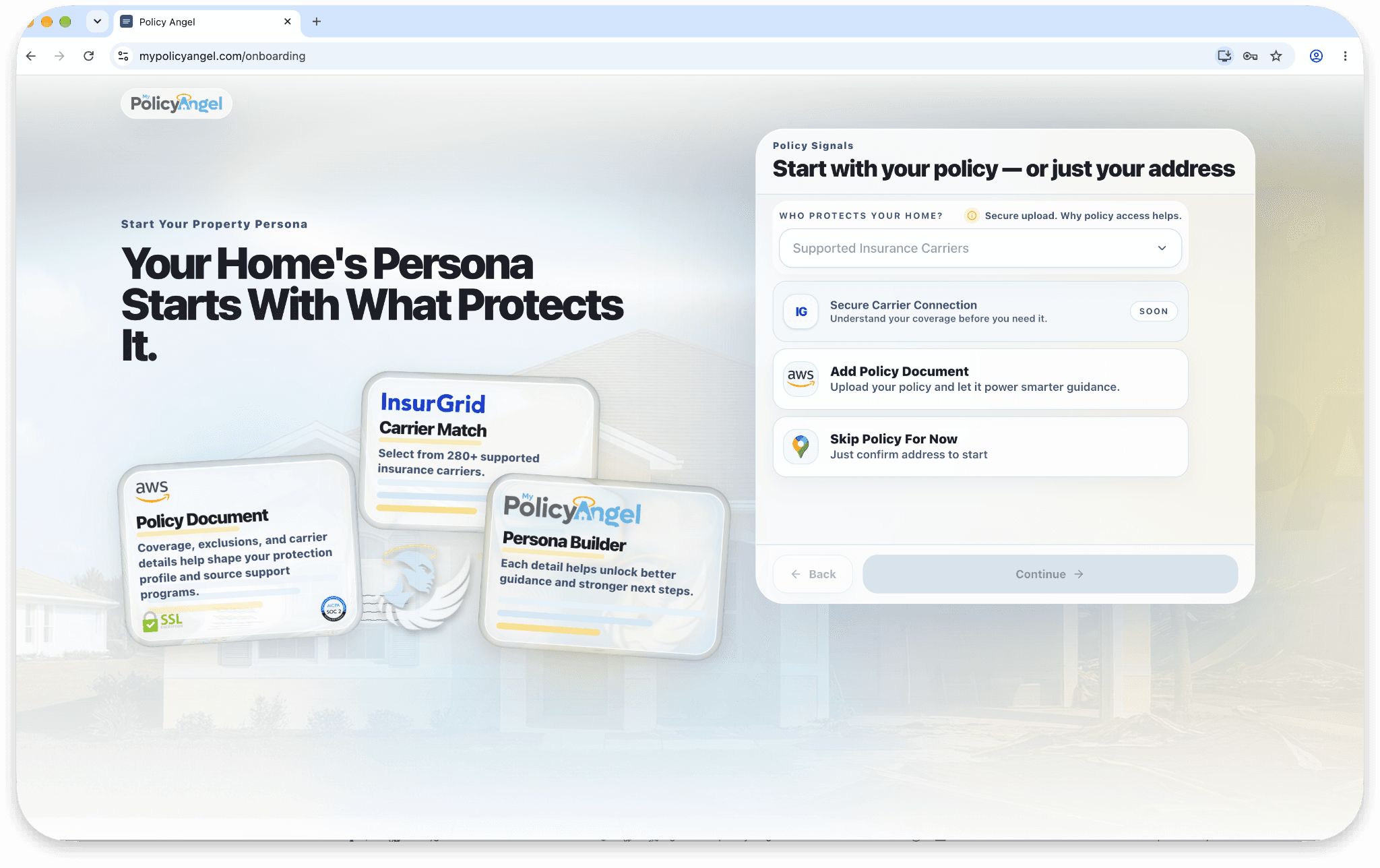 Policy Angel onboarding offers a carrier connection, policy upload, or starting with an address.