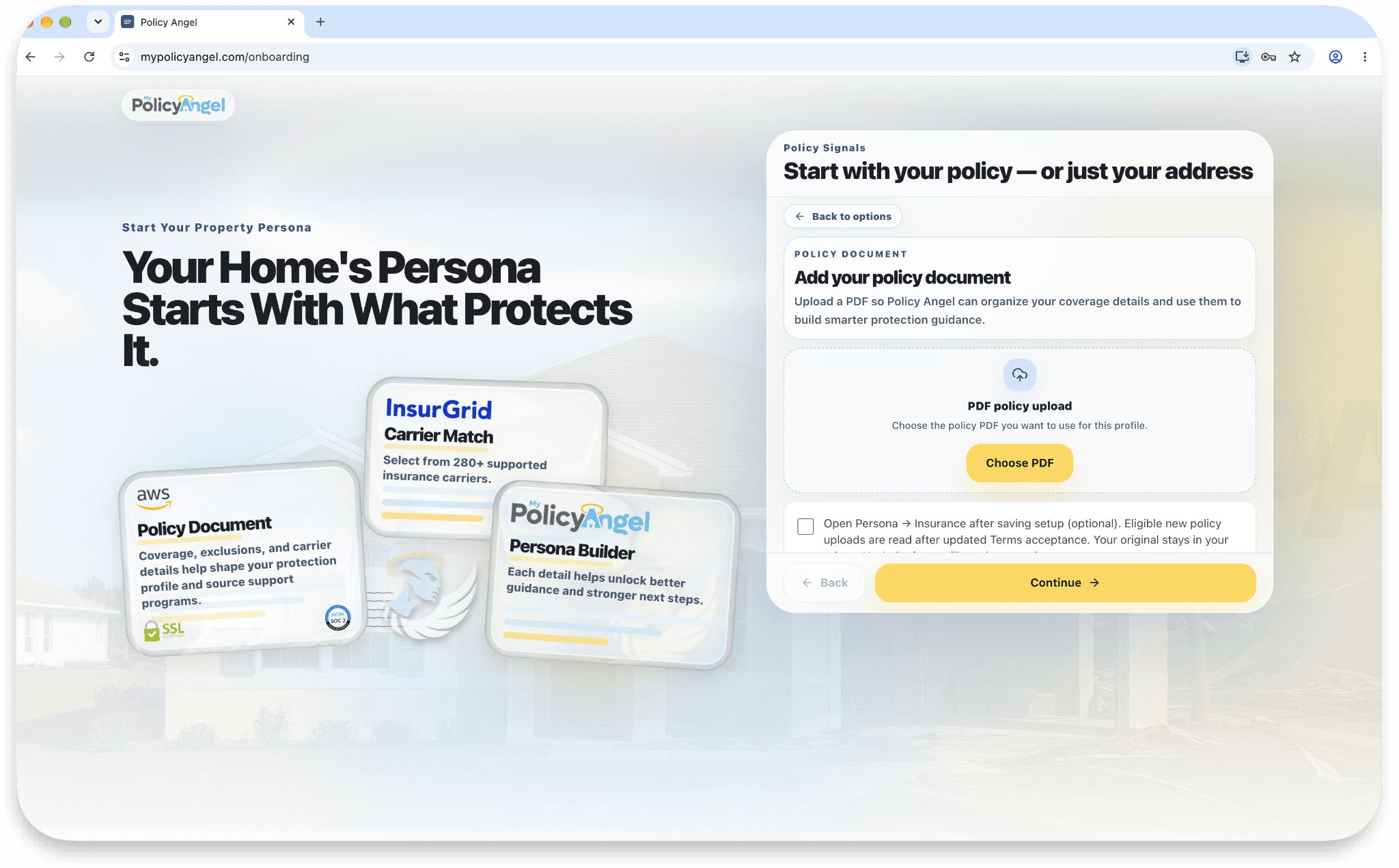 Policy document upload in the actual Policy Angel onboarding flow.