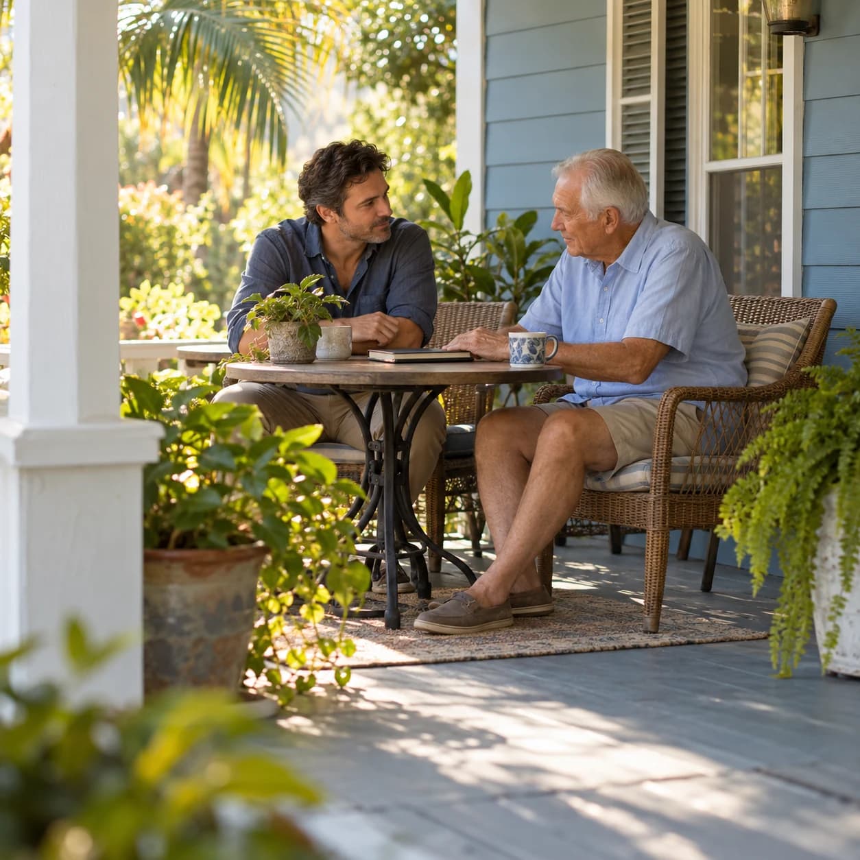 An older father and his adult son sharing a quiet conversation on a porch.