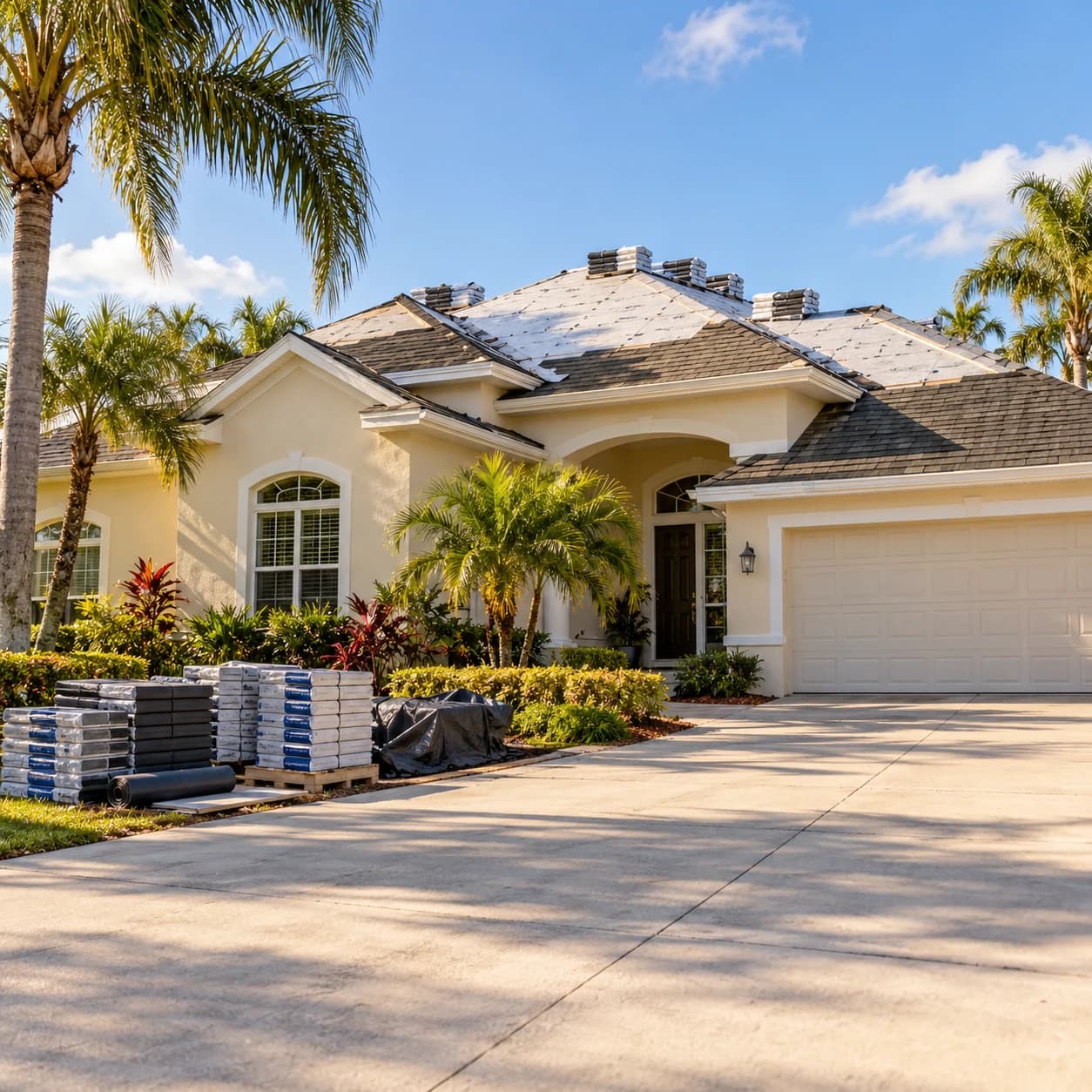 A Florida home partway through a roof repair, with materials ready for the next stage.